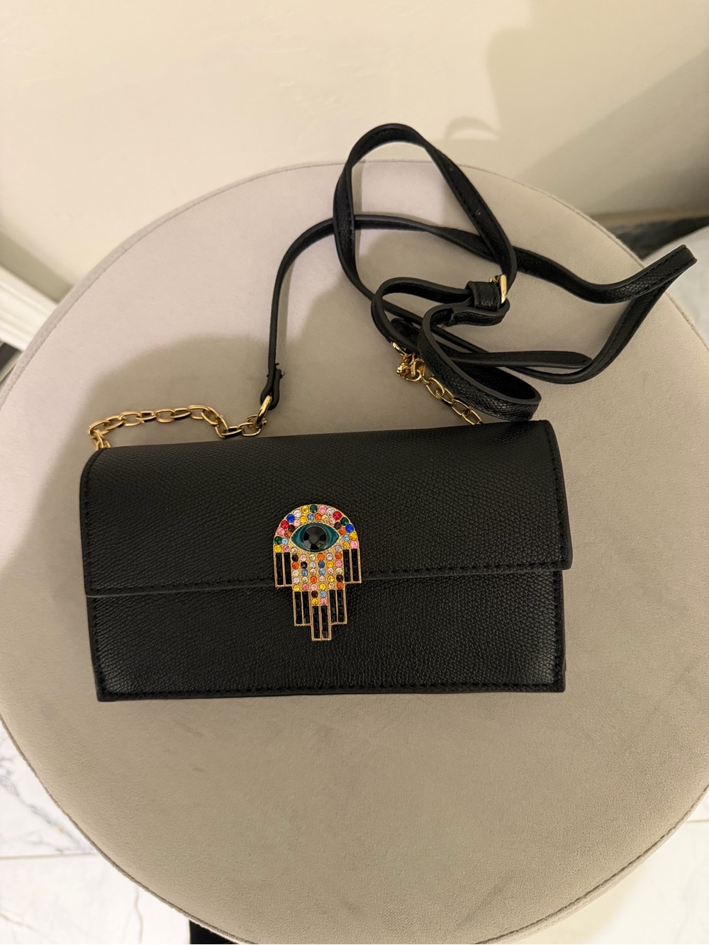Aldo Black Crossbody Bag with Multicolor Hamsa Charm